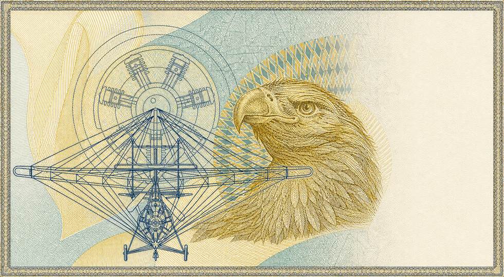 Illustration of a 50 RON banknote (Romanian Leu), featuring Vlaicu II aircraft and golden eagle.