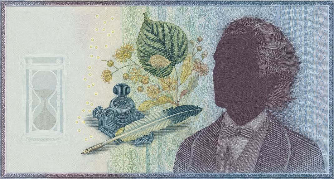 Illustration of a 500 RON banknote (Romanian Leu), featuring Mihai Eminescu.
