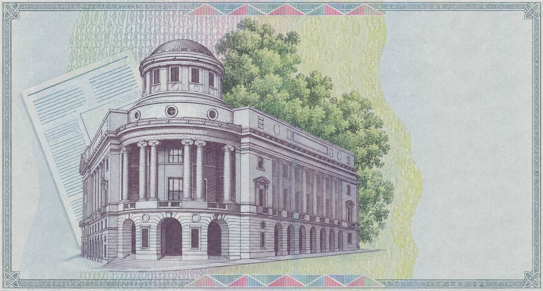Illustration of a 500 RON banknote (Romanian Leu), featuring Iasi Central University Library.