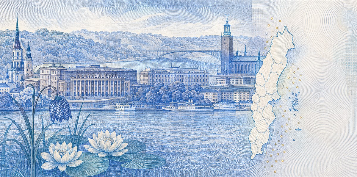 Illustration of a 100 SEK banknote (Swedish Krona), featuring Stockholm waterfront & water lilies.