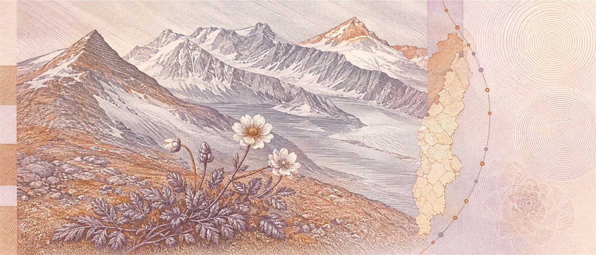 Illustration of a 1,000 SEK banknote (Swedish Krona), featuring Lapland mountains & mountain avens.