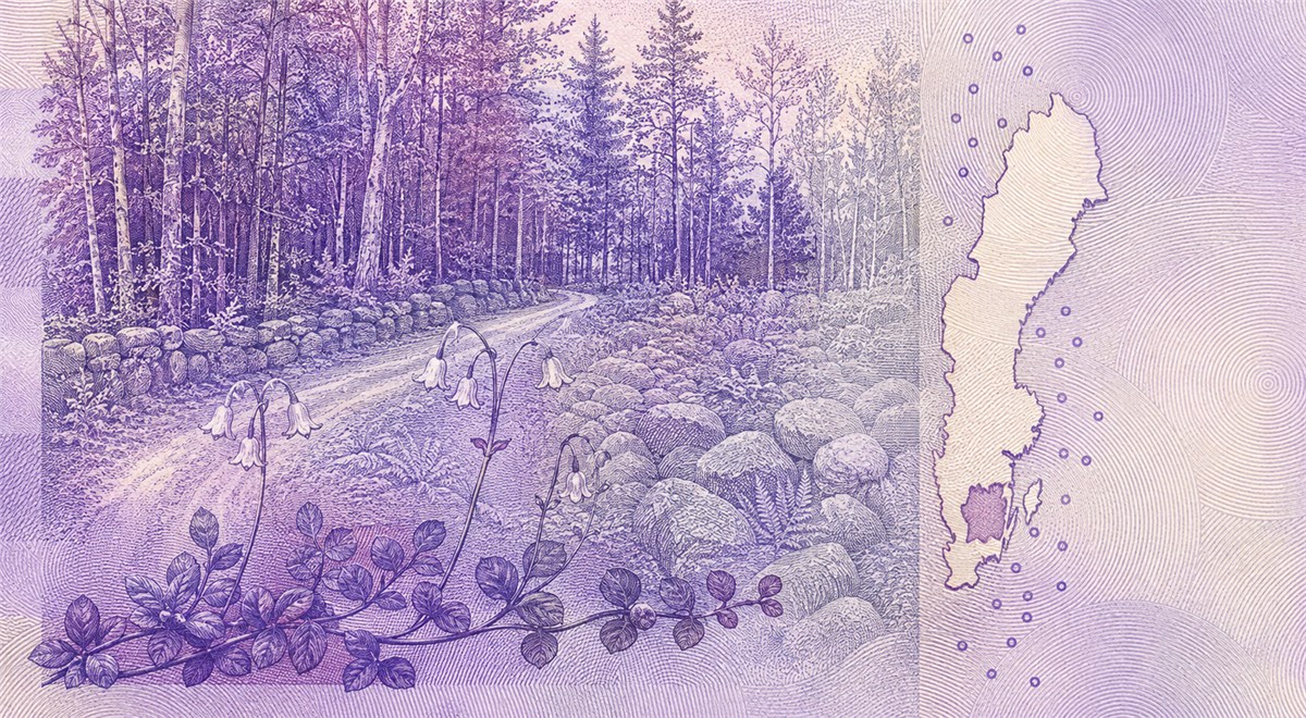 Illustration of a 20 SEK banknote (Swedish Krona), featuring Smaland forest road & linnaea.