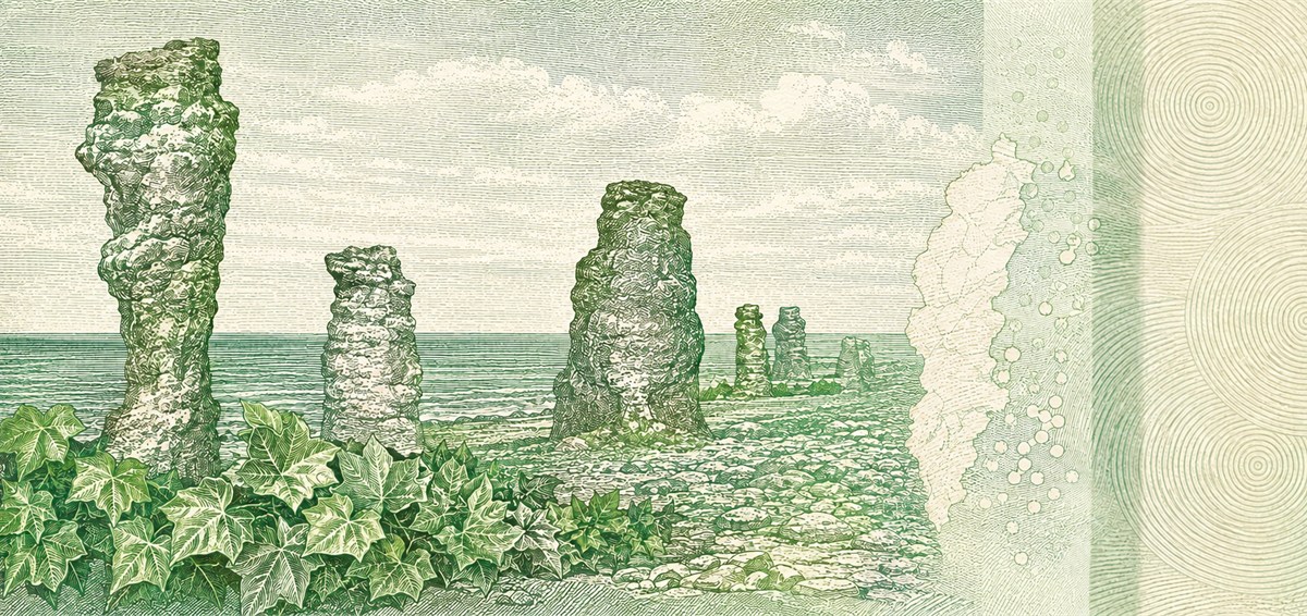 Illustration of a 200 SEK banknote (Swedish Krona), featuring Gotland sea stacks & ivy.
