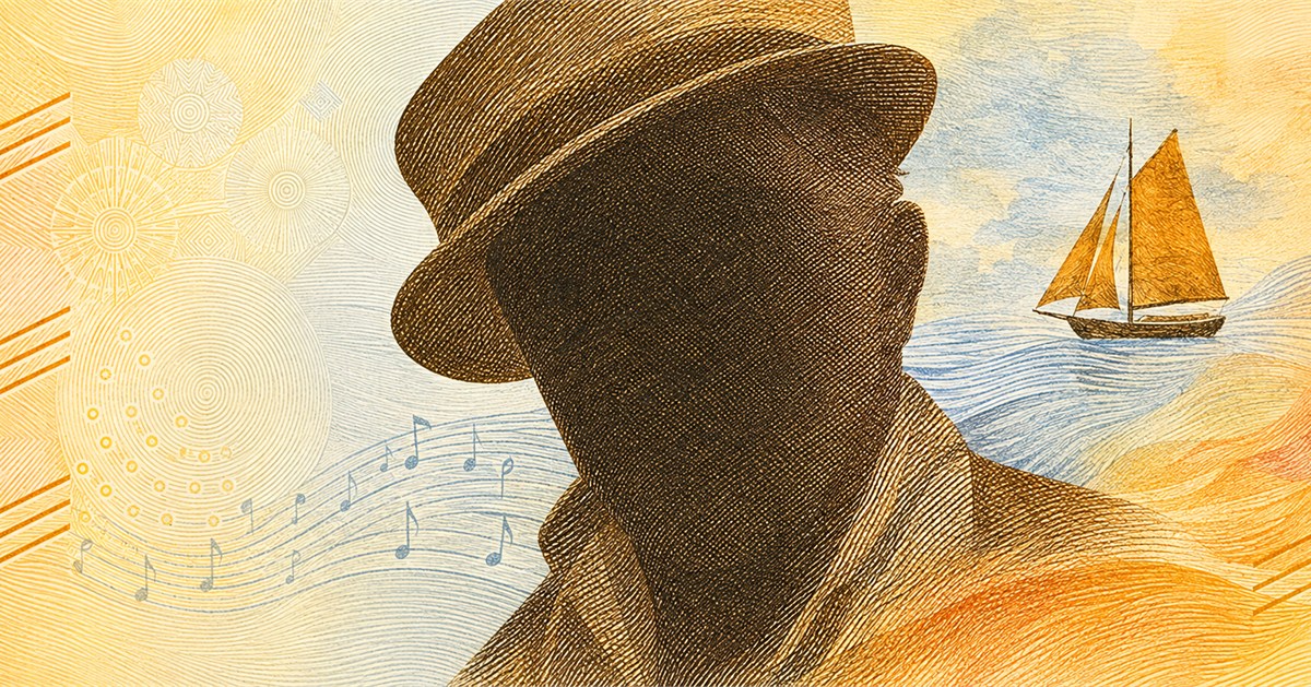 Illustration of a 50 SEK banknote (Swedish Krona), featuring Evert Taube.