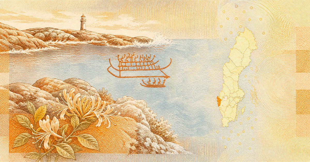 Illustration of a 50 SEK banknote (Swedish Krona), featuring Bohuslan coast & rock carvings.