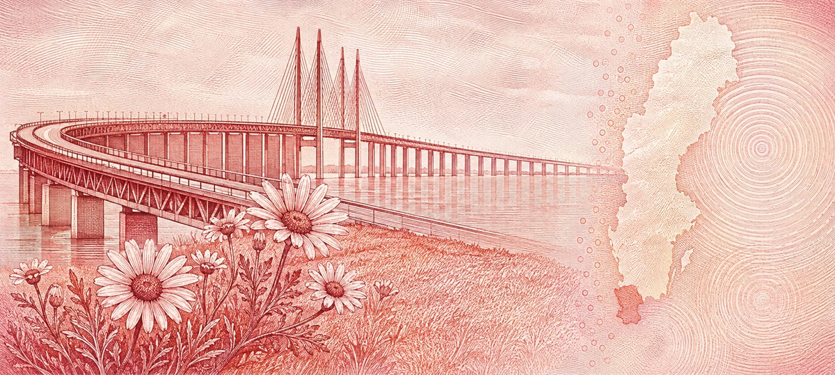 Illustration of a 500 SEK banknote (Swedish Krona), featuring Oresund Bridge & Skane daisies.
