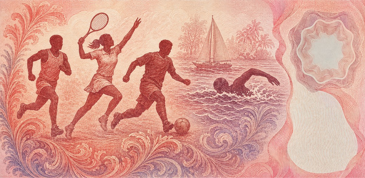 Illustration of a 10 SGD banknote (Singapore Dollar), featuring Land sports & water sports.