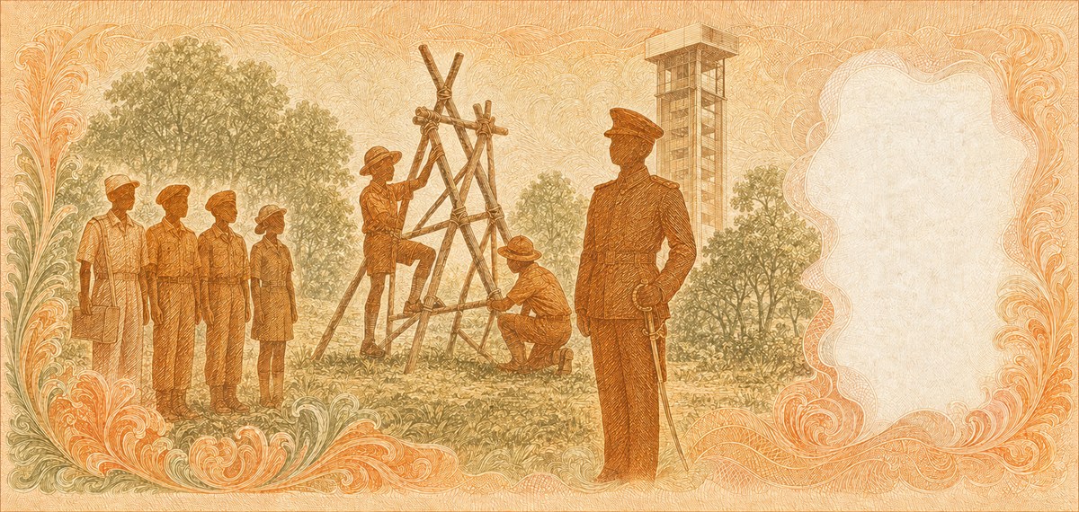 Illustration of a 100 SGD banknote (Singapore Dollar), featuring Youth, scouts & SAFTI.