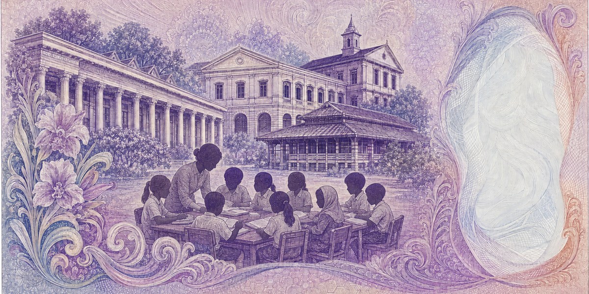 Illustration of a 2 SGD banknote (Singapore Dollar), featuring Schools, pupils & education.