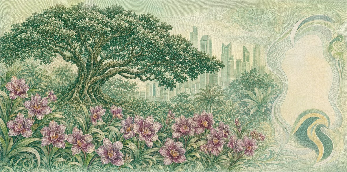Illustration of a 5 SGD banknote (Singapore Dollar), featuring Tembusu tree & orchids.