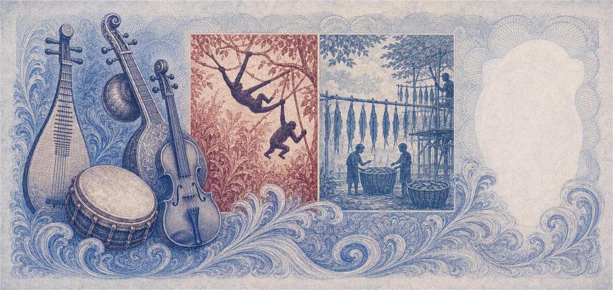 Illustration of a 50 SGD banknote (Singapore Dollar), featuring Instruments & Singapore arts.