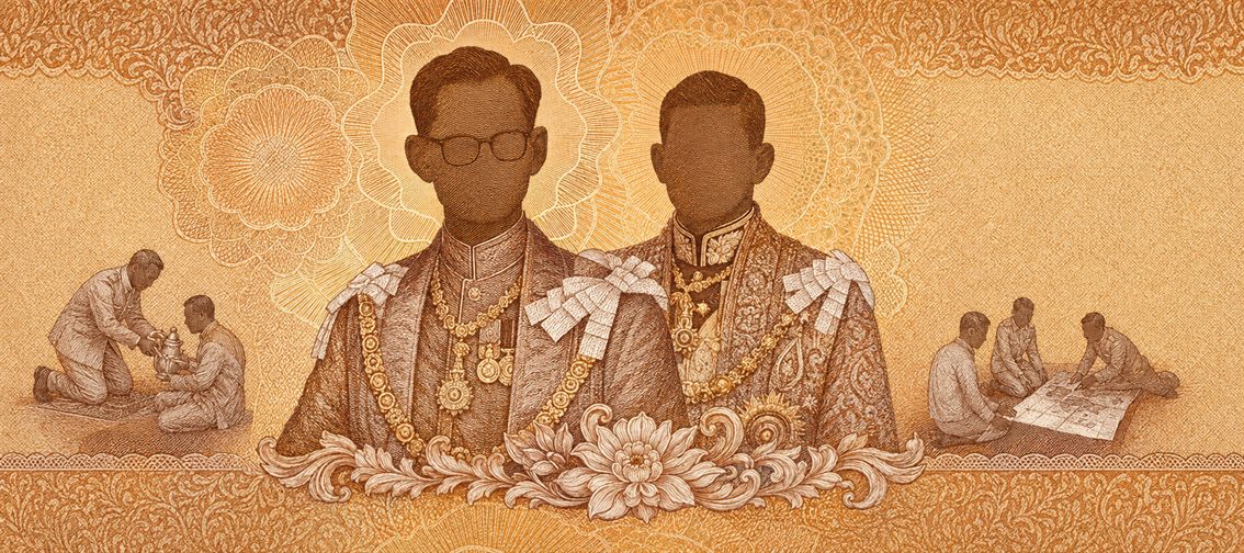 Illustration of a 1,000 THB banknote (Thai Baht), featuring Kings Rama IX & X.