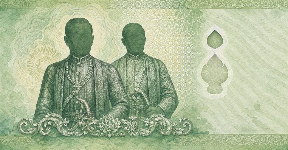 Illustration of a 20 THB banknote (Thai Baht), featuring Kings Rama I & II.