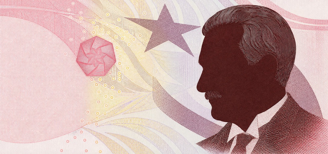 Illustration of a 10 TRY banknote (Turkish Lira), featuring Mustafa Kemal Atatürk.