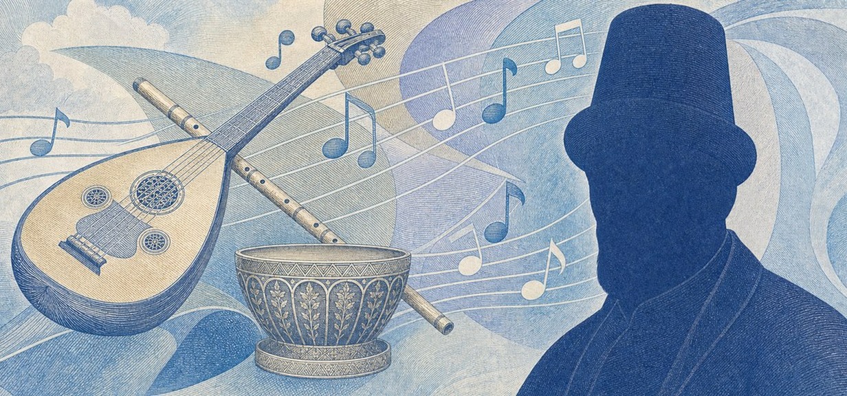 Illustration of a 100 TRY banknote (Turkish Lira), featuring Itri, tanbur, ney and classical music.