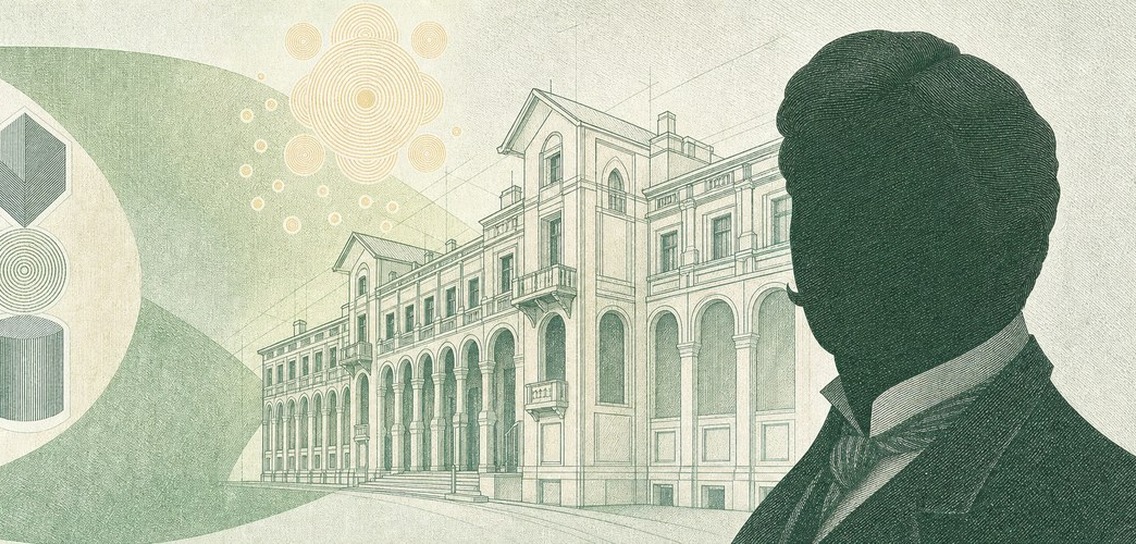 Illustration of a 20 TRY banknote (Turkish Lira), featuring Mimar Kemaleddin and civic architecture.