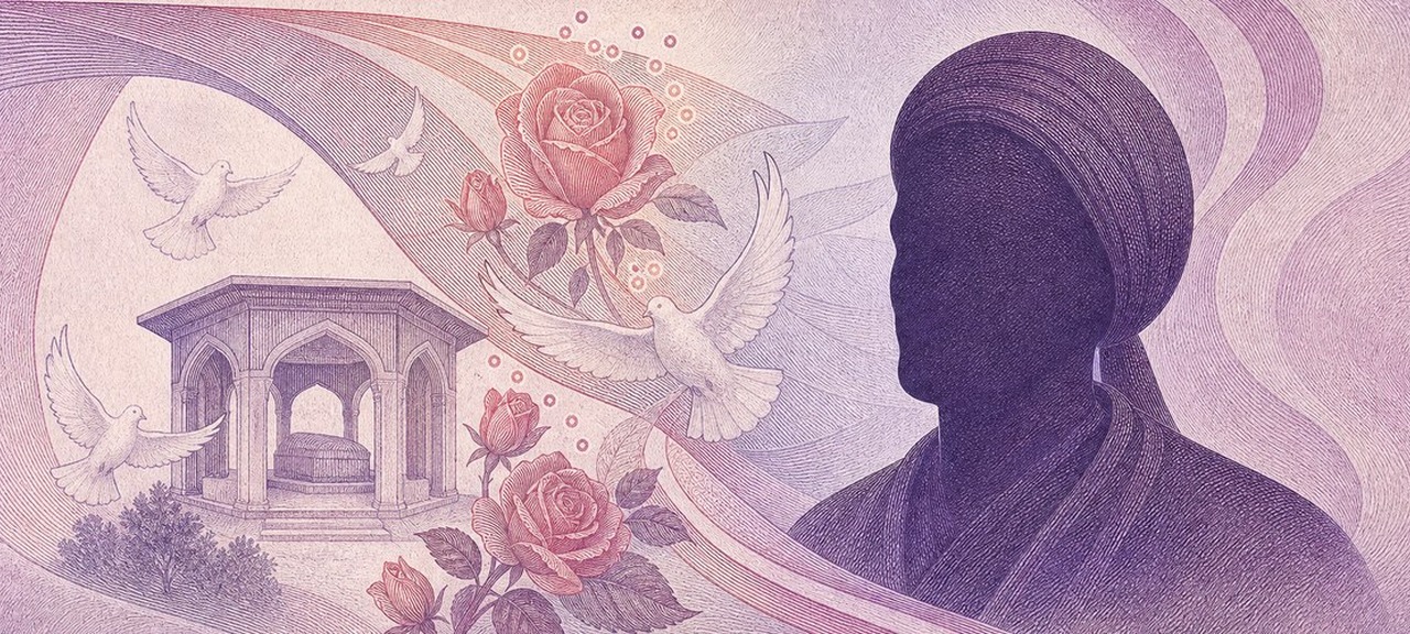 Illustration of a 200 TRY banknote (Turkish Lira), featuring Yunus Emre, mausoleum, doves and roses.