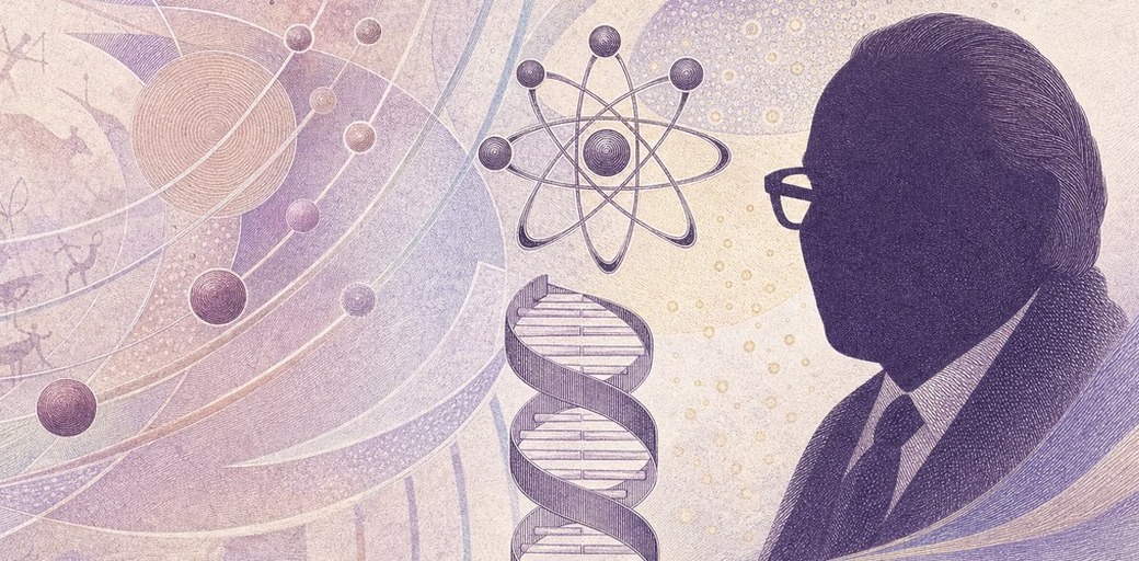 Illustration of a 5 TRY banknote (Turkish Lira), featuring Aydın Sayılı, atom, DNA and cave paintings.