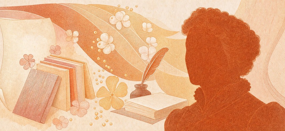 Illustration of a 50 TRY banknote (Turkish Lira), featuring Fatma Aliye, books and ink.