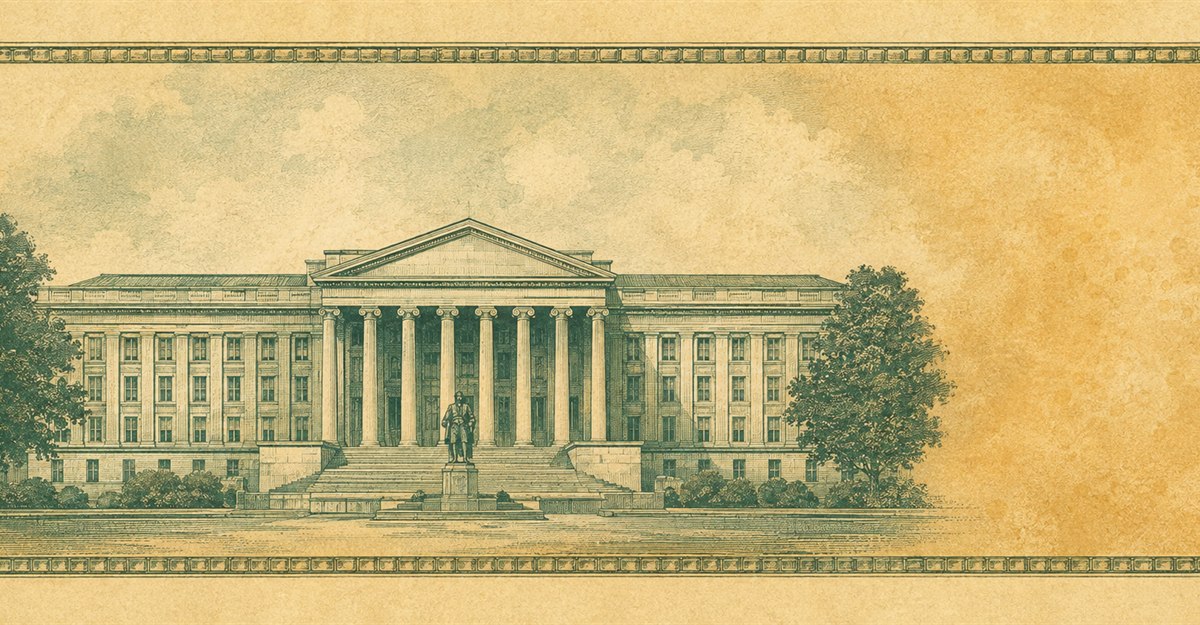 Illustration of a 10 USD banknote (US Dollar), featuring US Treasury.