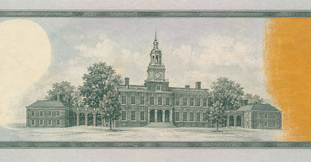 Illustration of a 100 USD banknote (US Dollar), featuring Independence Hall.