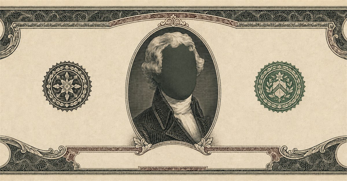 Illustration of a 2 USD banknote (US Dollar), featuring Thomas Jefferson.