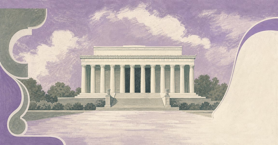 Illustration of a 5 USD banknote (US Dollar), featuring Lincoln Memorial.