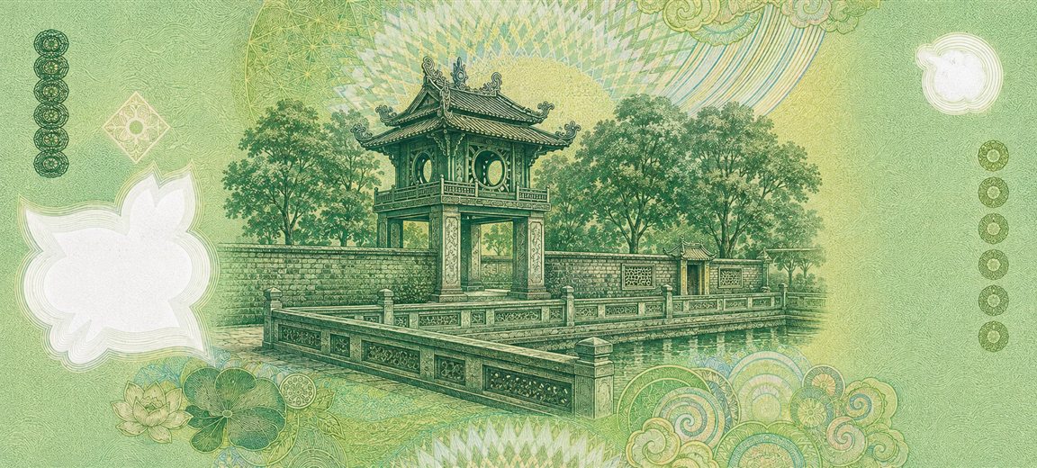 Illustration of a 100,000 VND banknote (Vietnamese Dong), featuring Temple of Literature.