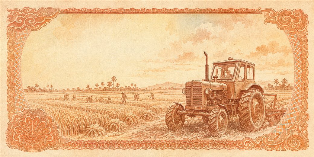 Illustration of a 200 VND banknote (Vietnamese Dong), featuring Rice harvest and tractor.