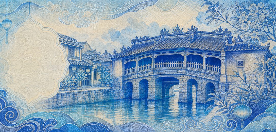 Illustration of a 20,000 VND banknote (Vietnamese Dong), featuring Japanese Covered Bridge in Hoi An.