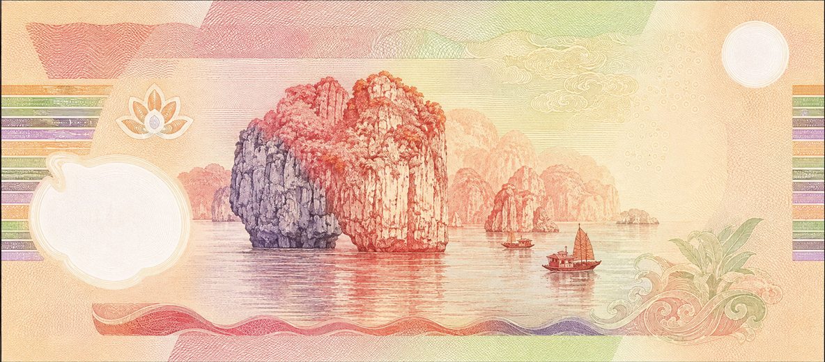 Illustration of a 200,000 VND banknote (Vietnamese Dong), featuring Ha Long Bay.