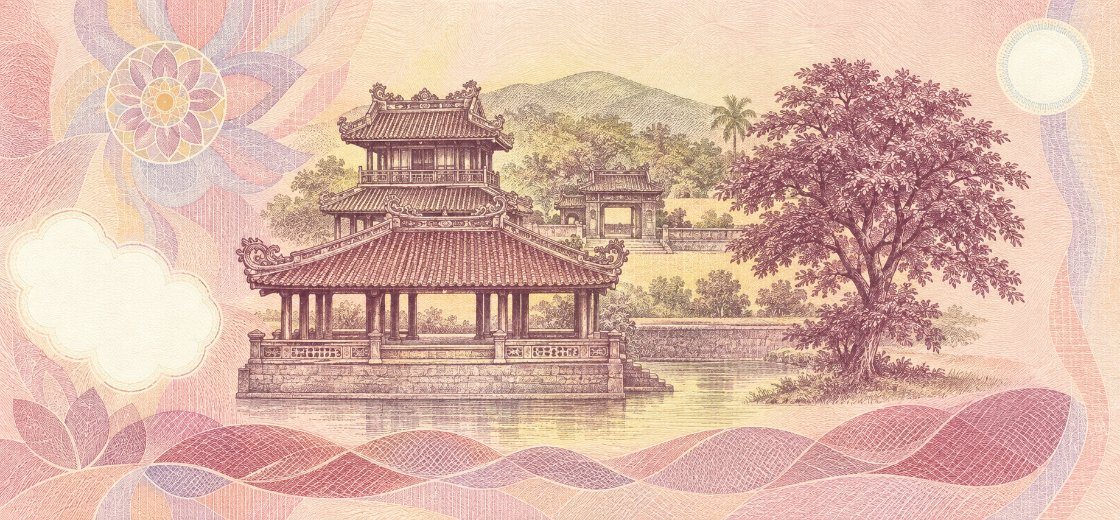 Illustration of a 50,000 VND banknote (Vietnamese Dong), featuring Phu Văn Lâu & Nghênh Lương Đình, Huế.
