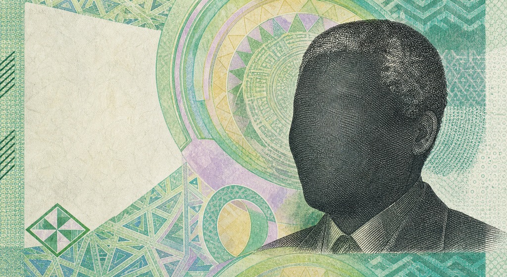 Illustration of a 10 ZAR banknote (South African Rand), featuring Nelson Mandela.