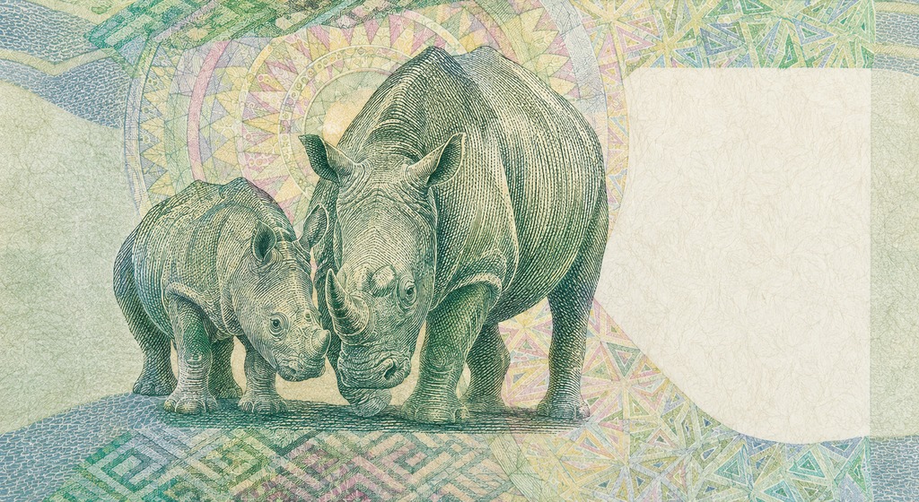 Illustration of a 10 ZAR banknote (South African Rand), featuring Rhinoceros family.