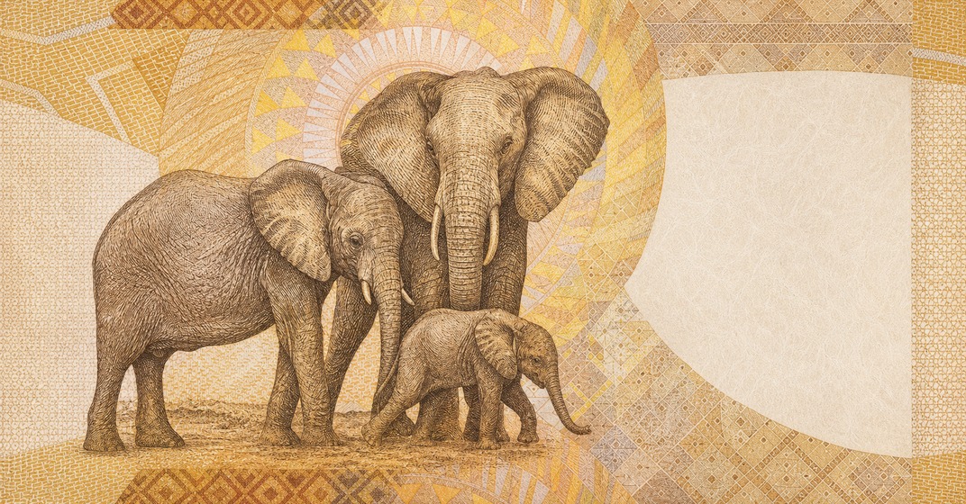 Illustration of a 20 ZAR banknote (South African Rand), featuring African elephant family.