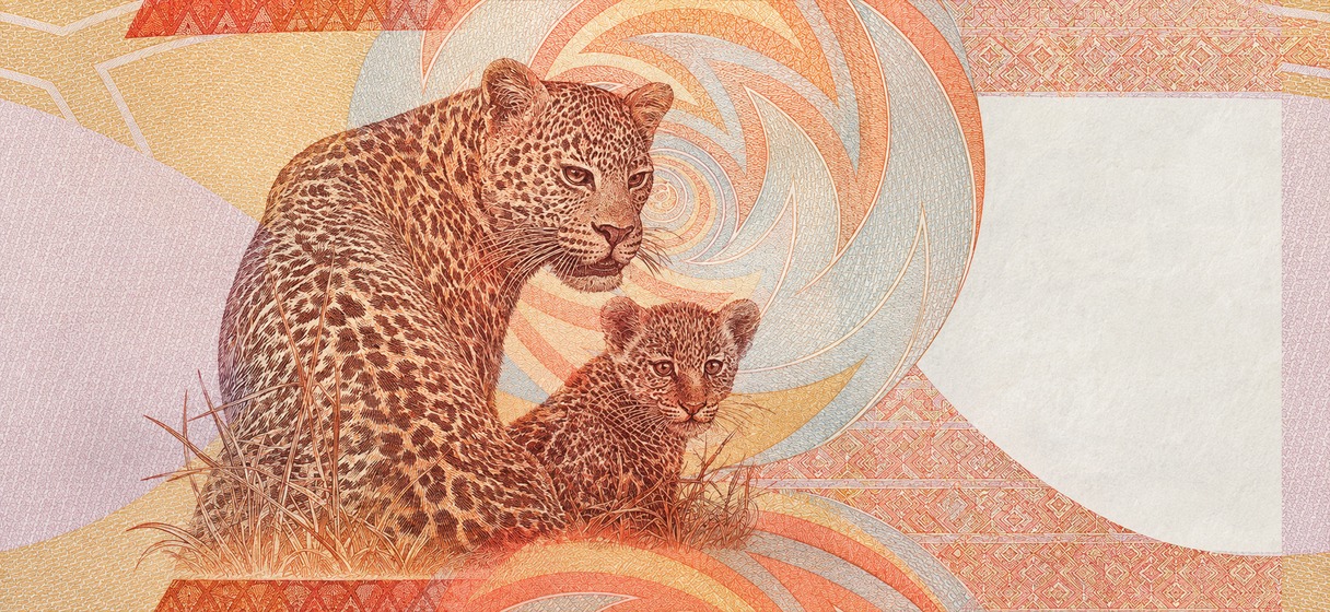 Illustration of a 200 ZAR banknote (South African Rand), featuring Leopard family.