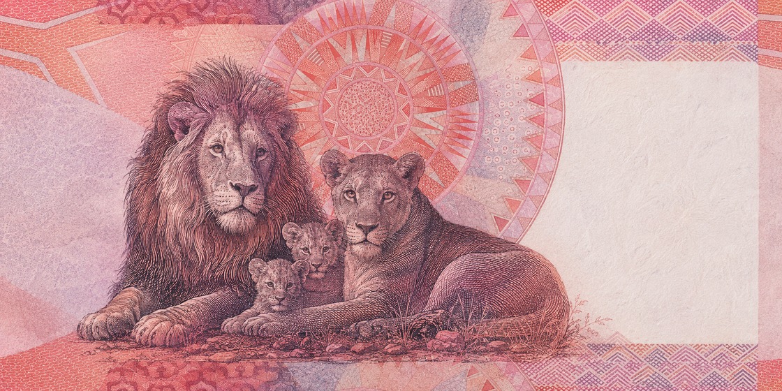 Illustration of a 50 ZAR banknote (South African Rand), featuring Lion family.